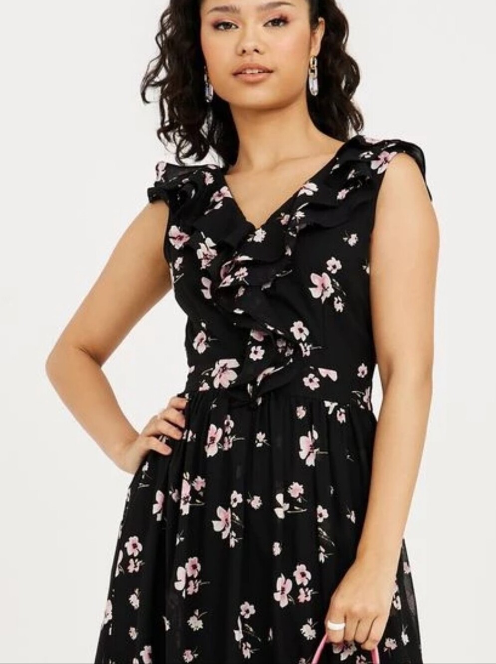 MINKPINK Black Wrap Maxi Dress with Pink Floral Print